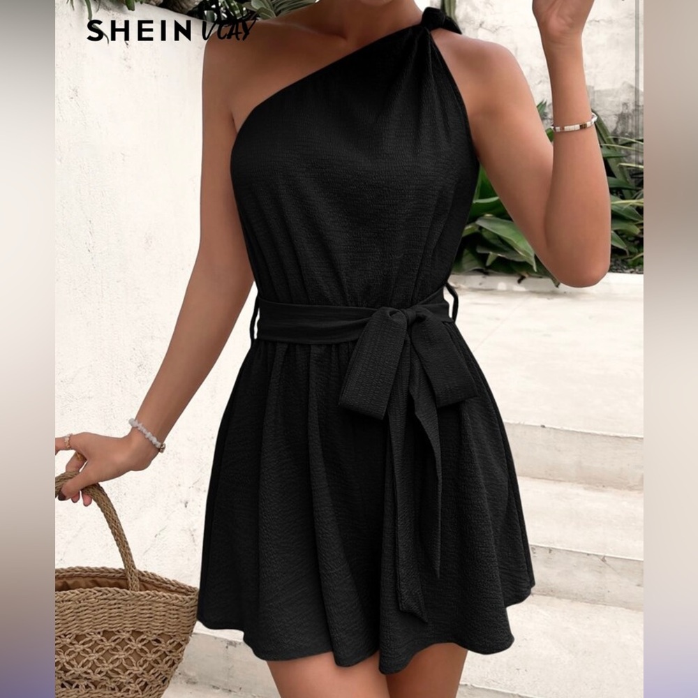 One-Shoulder Black Tie-Waist Women's Dress